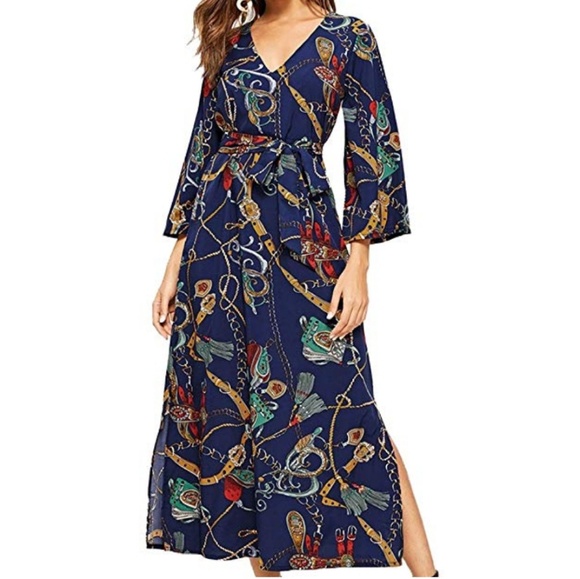 Dresses & Skirts - NWT Navy Bold Print Maxi Wrap Dress